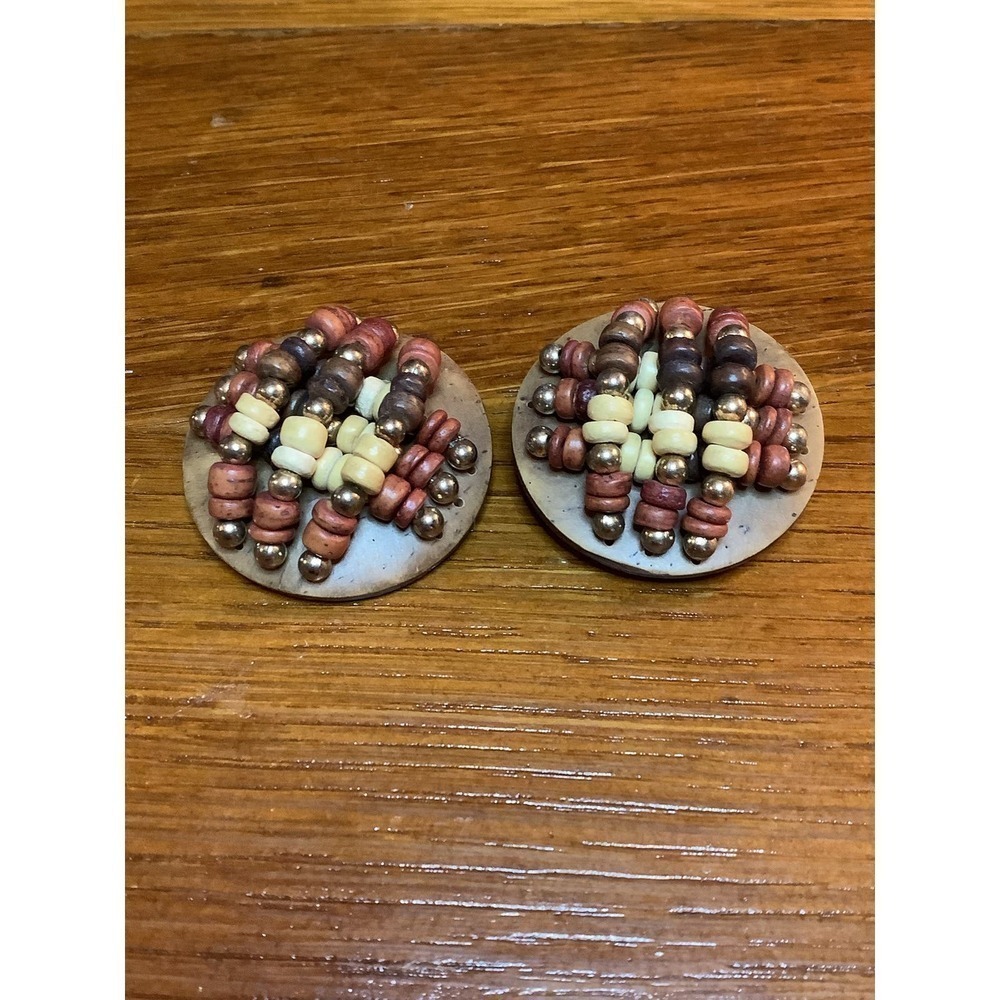 Vintage Clip On Wood & Beaded Earrings